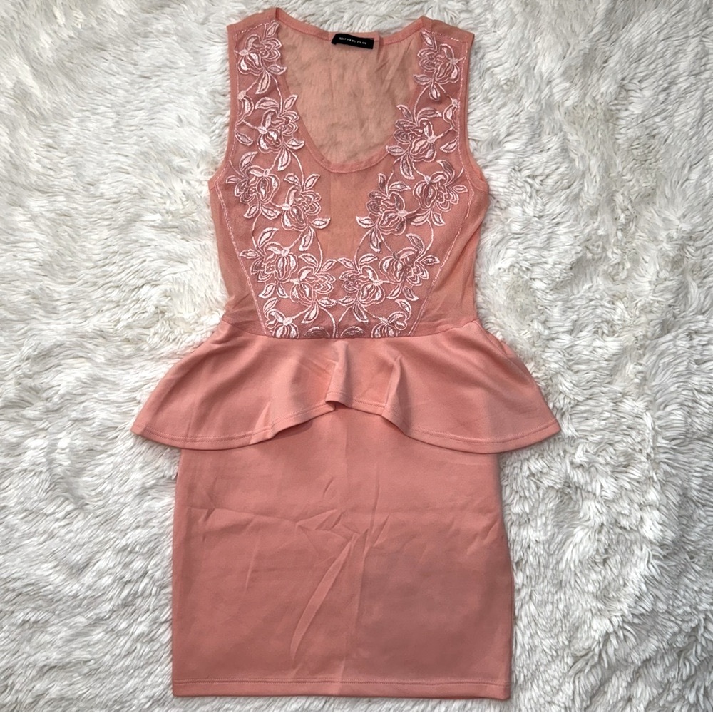 Pink Sheer Mesh Floral Peplum Sleeveless Dress